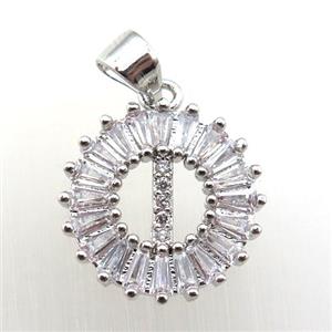 copper letter-I pendant paved zircon, platinum plated, approx 15mm dia [FN12241]
