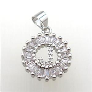 copper letter-J pendant paved zircon, platinum plated, approx 15mm dia [FN12242]