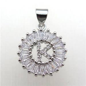 copper letter-K pendant paved zircon, platinum plated, approx 15mm dia [FN12243]