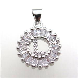 copper letter-L pendant paved zircon, platinum plated, approx 15mm dia [FN12244]