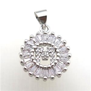copper letter-M pendant paved zircon, platinum plated, approx 15mm dia [FN12245]