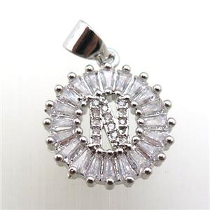 copper letter-N pendant paved zircon, platinum plated, approx 15mm dia [FN12246]