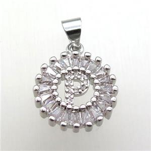 copper letter-P pendant paved zircon, platinum plated, approx 15mm dia [FN12247]