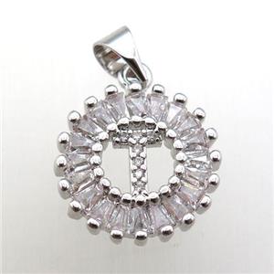 copper letter-T pendant paved zircon, platinum plated, approx 15mm dia [FN12249]