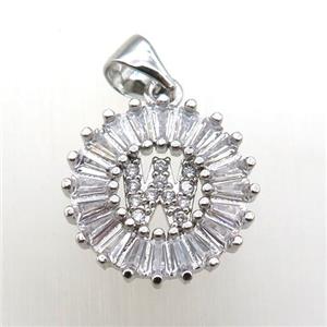 copper letter-W pendant paved zircon, platinum plated, approx 15mm dia [FN12251]