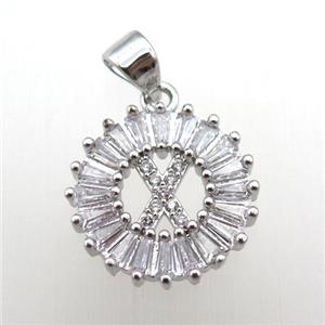 copper letter-X pendant paved zircon, platinum plated, approx 15mm dia [FN12252]