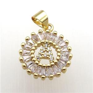 copper letter-A pendant paved zircon, gold plated, approx 15mm dia [FN12254]