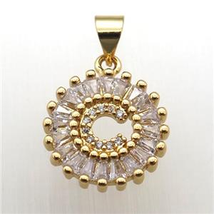 copper letter-C pendant paved zircon, gold plated, approx 15mm dia [FN12256]