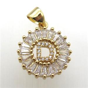 copper letter-D pendant paved zircon, gold plated, approx 15mm dia [FN12257]