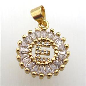 copper letter-E pendant paved zircon, gold plated, approx 15mm dia [FN12258]