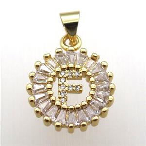 copper letter-F pendant paved zircon, gold plated, approx 15mm dia [FN12259]