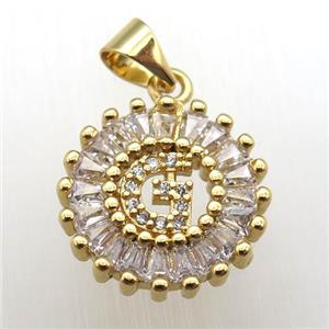 copper letter-G pendant paved zircon, gold plated, approx 15mm dia [FN12260]