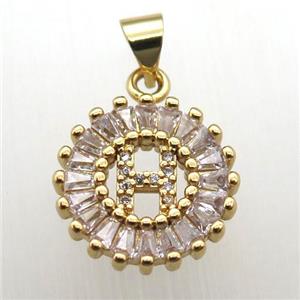 copper letter-H pendant paved zircon, gold plated, approx 15mm dia [FN12261]