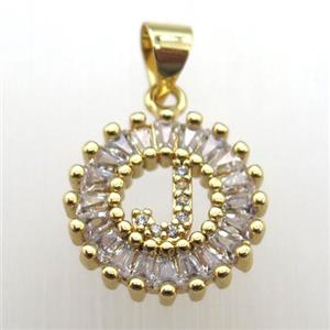 copper letter-J pendant paved zircon, gold plated, approx 15mm dia [FN12263]