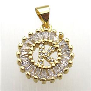 copper letter-K pendant paved zircon, gold plated, approx 15mm dia [FN12264]