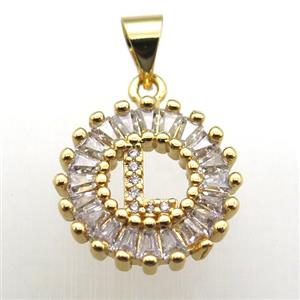 copper letter-L pendant paved zircon, gold plated, approx 15mm dia [FN12265]