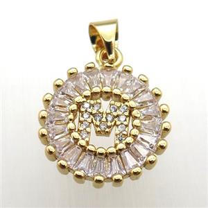 copper letter-M pendant paved zircon, gold plated, approx 15mm dia [FN12266]
