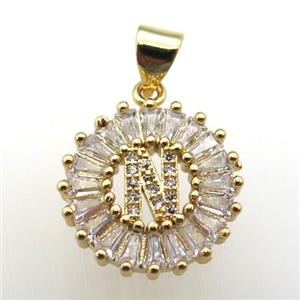 copper letter-N pendant paved zircon, gold plated, approx 15mm dia [FN12267]