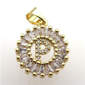 copper letter-P pendant paved zircon, gold plated, approx 15mm dia [FN12269]