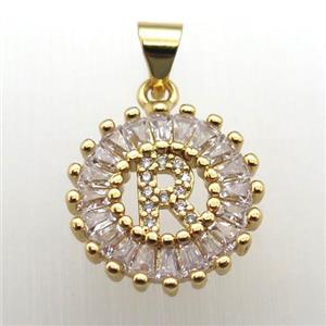 copper letter-R pendant paved zircon, gold plated, approx 15mm dia [FN12271]