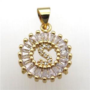 copper letter-S pendant paved zircon, gold plated, approx 15mm dia [FN12272]