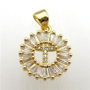 copper letter-T pendant paved zircon, gold plated, approx 15mm dia [FN12273]