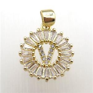 copper letter-V pendant paved zircon, gold plated, approx 15mm dia [FN12275]