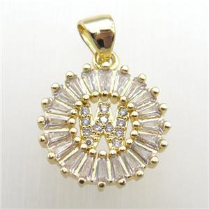 copper letter-W pendant paved zircon, gold plated, approx 15mm dia [FN12276]