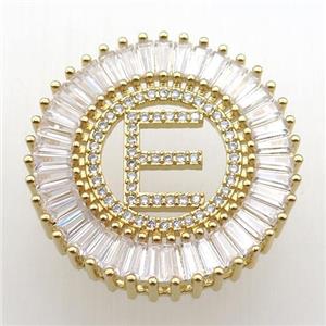 copper letter-E pendant paved zircon, gold plated, approx 28mm dia [FN12284]