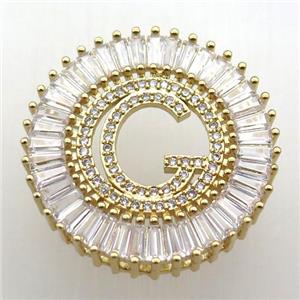 copper letter-G pendant paved zircon, gold plated, approx 28mm dia [FN12286]