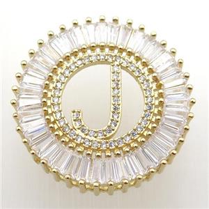 copper letter-J pendant paved zircon, gold plated, approx 28mm dia [FN12288]