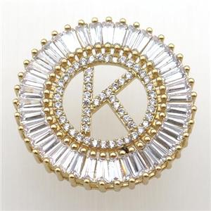 copper letter-K pendant paved zircon, gold plated, approx 28mm dia [FN12289]