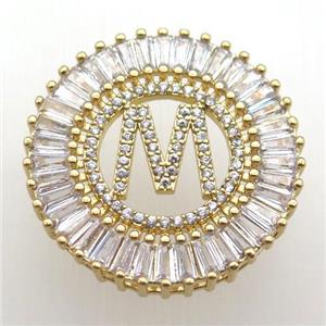 copper letter-M pendant paved zircon, gold plated, approx 28mm dia [FN12291]