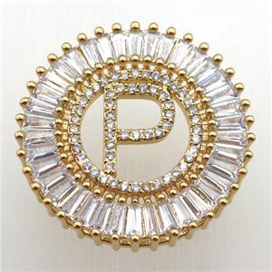 copper letter-P pendant paved zircon, gold plated, approx 28mm dia [FN12294]