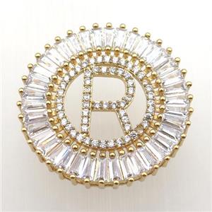 copper letter-R pendant paved zircon, gold plated, approx 28mm dia [FN12295]