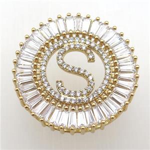 copper letter-S pendant paved zircon, gold plated, approx 28mm dia [FN12296]