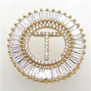 copper letter-T pendant paved zircon, gold plated, approx 28mm dia [FN12297]