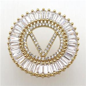copper letter-V pendant paved zircon, gold plated, approx 28mm dia [FN12298]