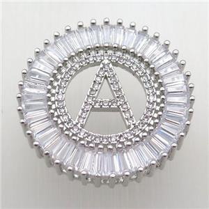 copper letter-A pendant paved zircon, platinum plated, approx 28mm dia [FN12301]