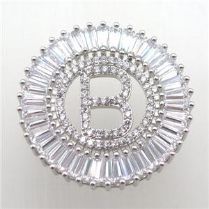 copper letter-B pendant paved zircon, platinum plated, approx 28mm dia [FN12302]
