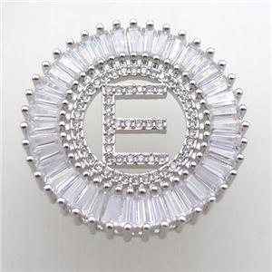 copper letter-E pendant paved zircon, platinum plated, approx 28mm dia [FN12305]