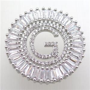 copper letter-G pendant paved zircon, platinum plated, approx 28mm dia [FN12307]
