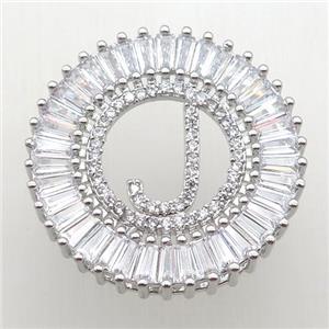 copper letter-J pendant paved zircon, platinum plated, approx 28mm dia [FN12309]