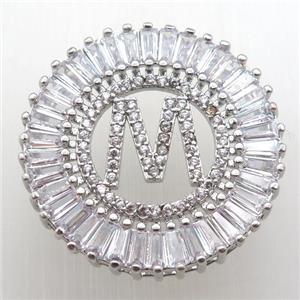 copper letter-M pendant paved zircon, platinum plated, approx 28mm dia [FN12312]