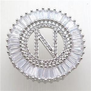 copper letter-N pendant paved zircon, platinum plated, approx 28mm dia [FN12313]