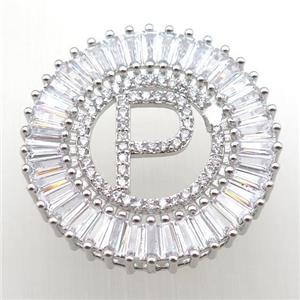 copper letter-P pendant paved zircon, platinum plated, approx 28mm dia [FN12314]