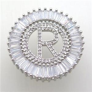 copper letter-R pendant paved zircon, platinum plated, approx 28mm dia [FN12315]