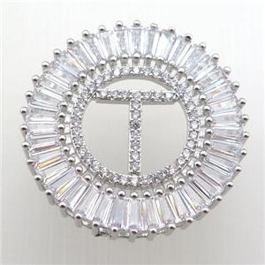 copper letter-T pendant paved zircon, platinum plated, approx 28mm dia [FN12317]