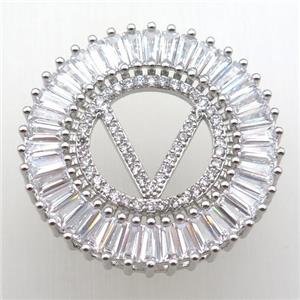 copper letter-V pendant paved zircon, platinum plated, approx 28mm dia [FN12318]