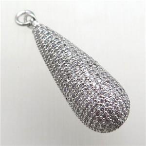 copper teardrop pendant paved zircon, platinum plated, approx 12-30mm [FN12321]